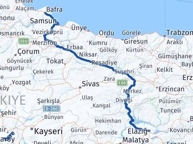 Elazığ Bafra Samsun Arası Kaç Km - Yol Haritası