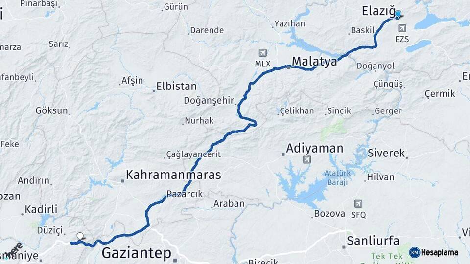 Elazığ Bahçe Osmaniye Arası Kaç Km - Yol Haritası
