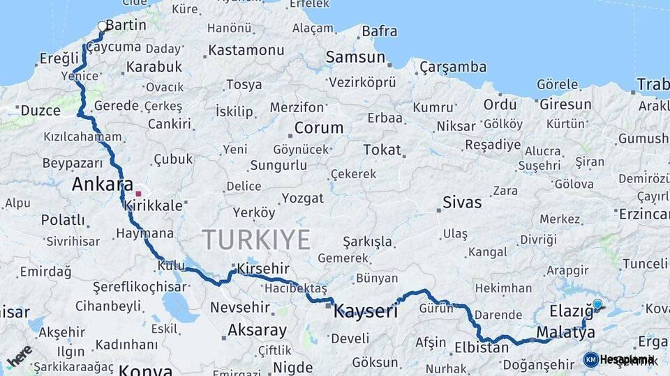 Elazığ Bartın Arası Kaç Km - Yol Haritası