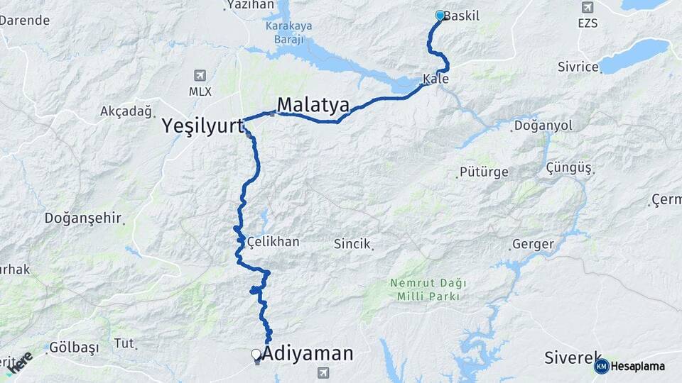 Elazığ Baskil Adıyaman Arası Kaç Km - Yol Haritası