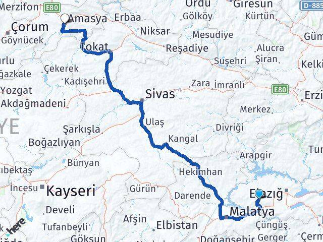 Elazığ Baskil Amasya Arası Kaç Km - Yol Haritası