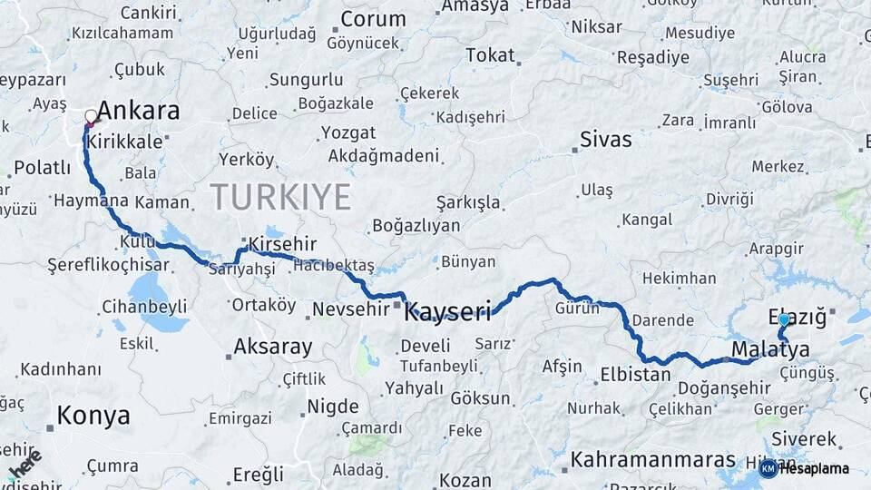 Elazığ Baskil Ankara Arası Kaç Km - Yol Haritası