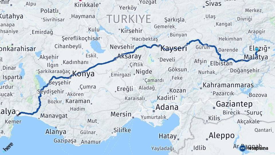 Elazığ Baskil Antalya Arası Kaç Km - Yol Haritası