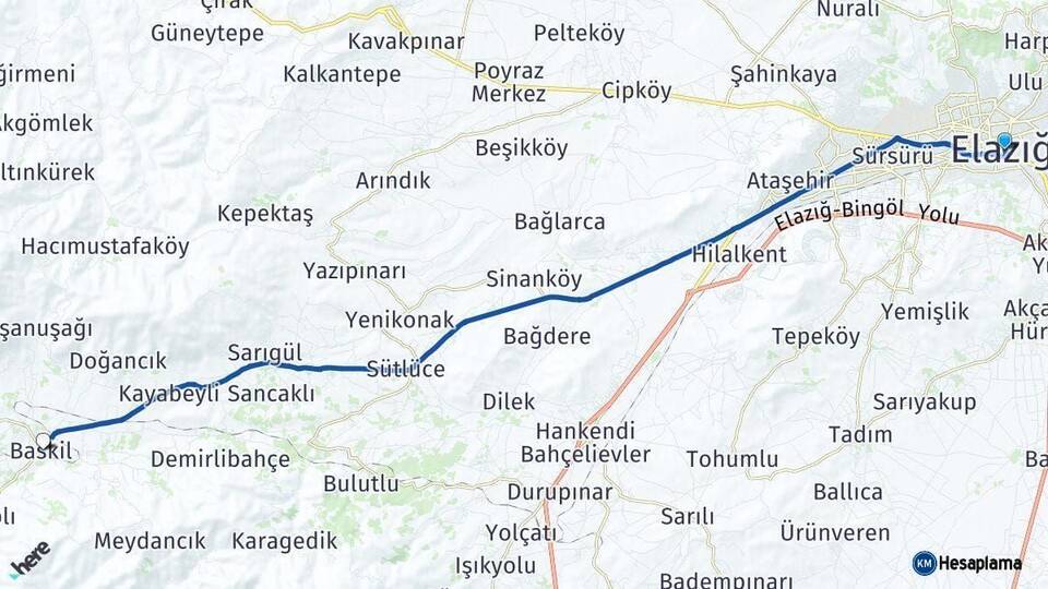 Elazığ Baskil Arası Kaç Km - Yol Haritası