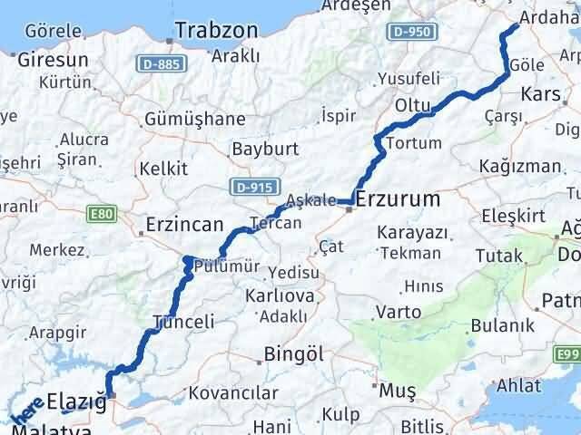 Elazığ Baskil Ardahan Arası Kaç Km - Yol Haritası