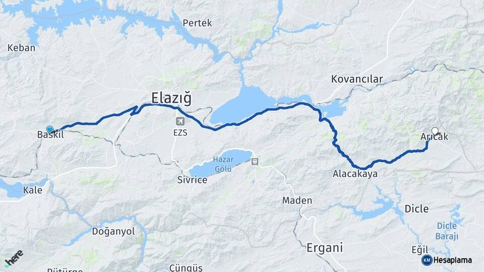 Elazığ Baskil Arıcak Arası Kaç Km - Yol Haritası