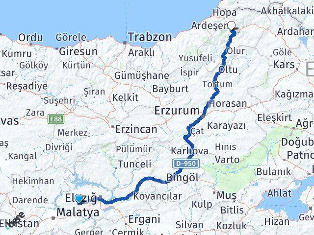 Elazığ Baskil Artvin Arası Kaç Km - Yol Haritası
