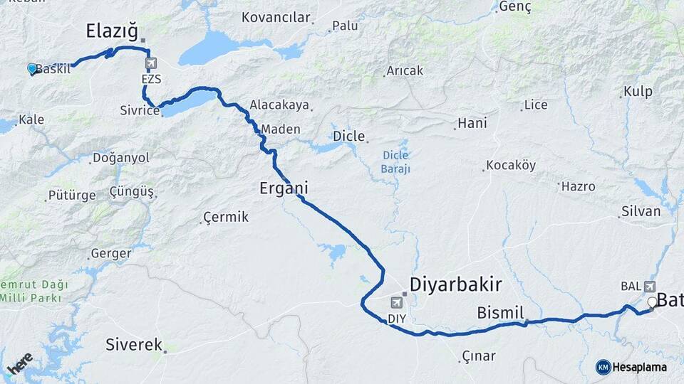 Elazığ Baskil Batman Arası Kaç Km - Yol Haritası