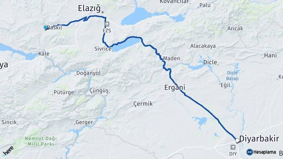 Elazığ Baskil Diyarbakır Arası Kaç Km - Yol Haritası