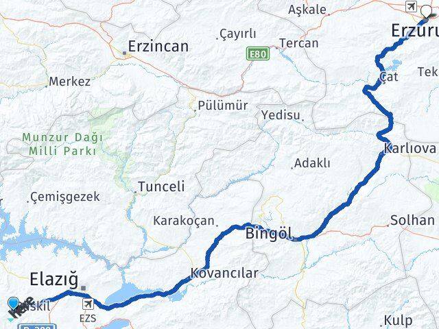 Elazığ Baskil Erzurum Arası Kaç Km - Yol Haritası