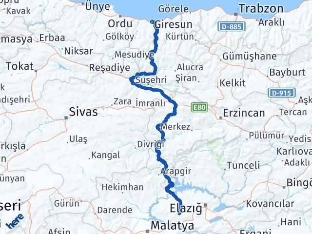 Elazığ Baskil Giresun Arası Kaç Km - Yol Haritası