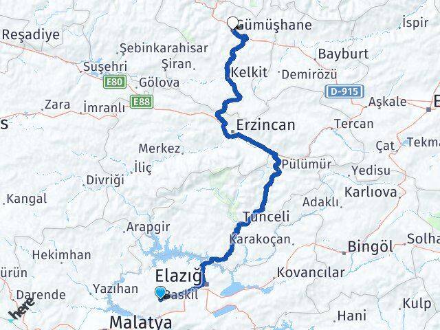 Elazığ Baskil Gümüşhane Arası Kaç Km - Yol Haritası