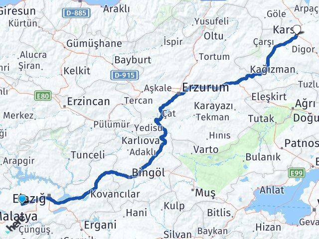 Elazığ Baskil Kars Arası Kaç Km - Yol Haritası