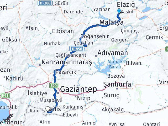 Elazığ Baskil Kilis Arası Kaç Km - Yol Haritası