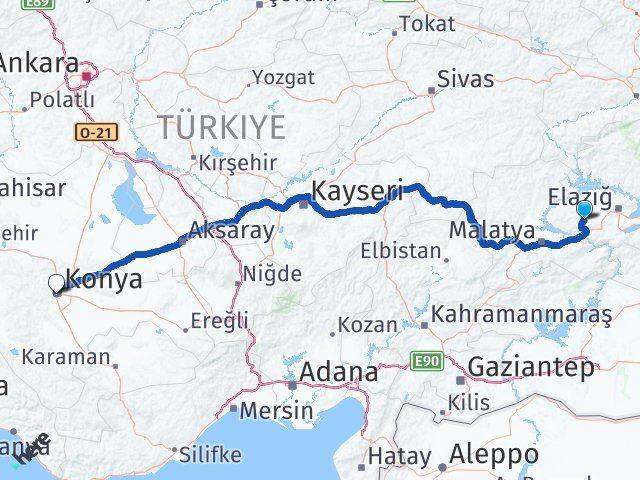 Elazığ Baskil Konya Arası Kaç Km - Yol Haritası