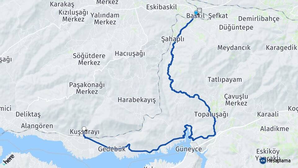Elazığ Baskil Kuşsarayı Baskil Arası Kaç Km - Yol Haritası