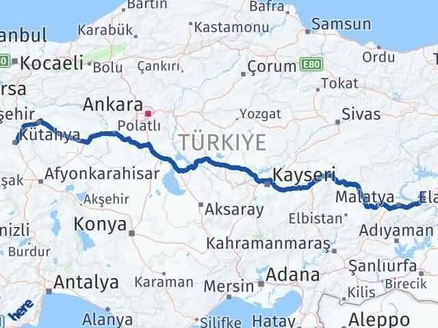 Elazığ Baskil Kütahya Arası Kaç Km - Yol Haritası
