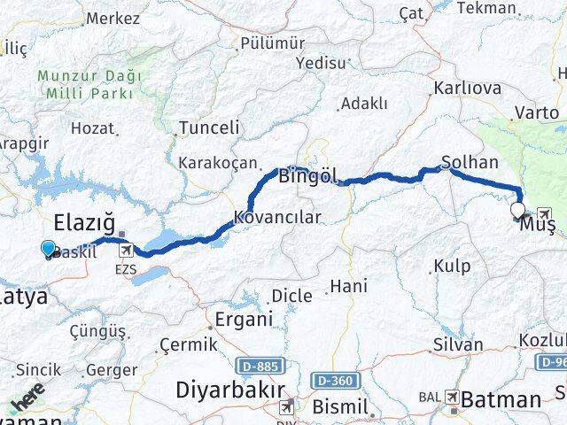Elazığ Baskil Muş Arası Kaç Km - Yol Haritası