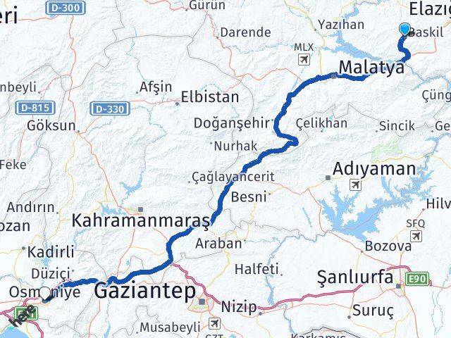 Elazığ Baskil Osmaniye Arası Kaç Km - Yol Haritası