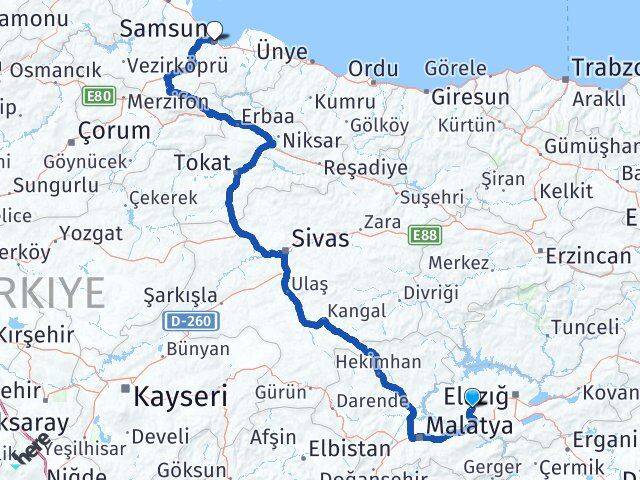 Elazığ Baskil Samsun Arası Kaç Km - Yol Haritası