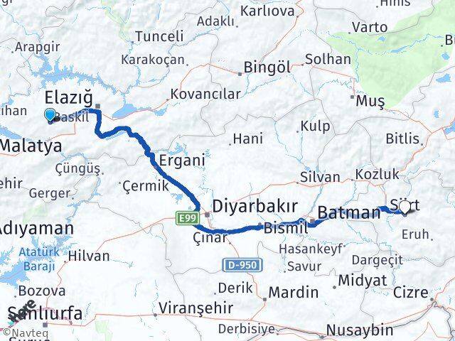 Elazığ Baskil Siirt Arası Kaç Km - Yol Haritası