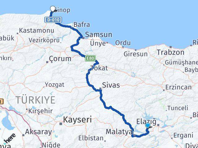 Elazığ Baskil Sinop Arası Kaç Km - Yol Haritası