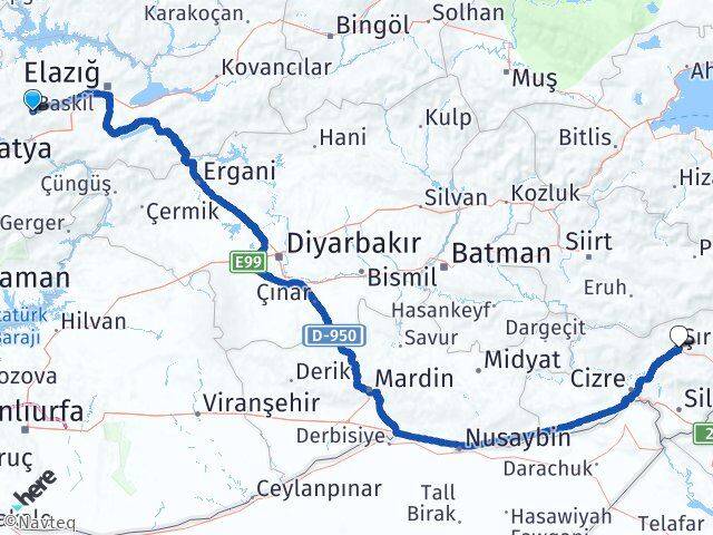 Elazığ Baskil Şırnak Arası Kaç Km - Yol Haritası