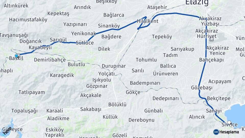 Elazığ Baskil Sivrice Arası Kaç Km - Yol Haritası