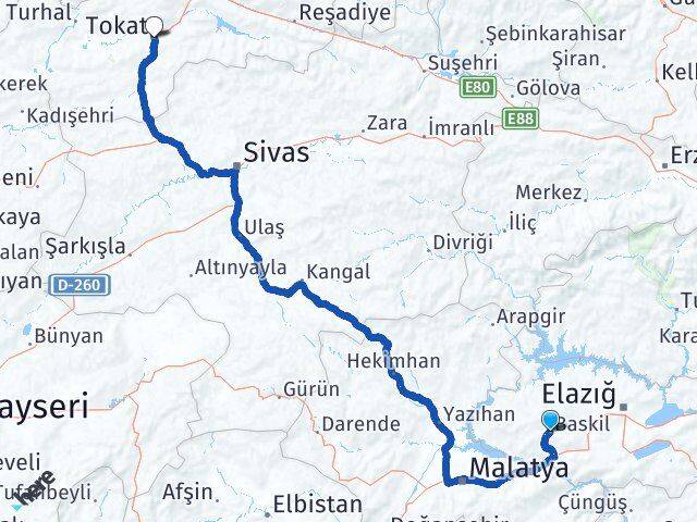 Elazığ Baskil Tokat Arası Kaç Km - Yol Haritası