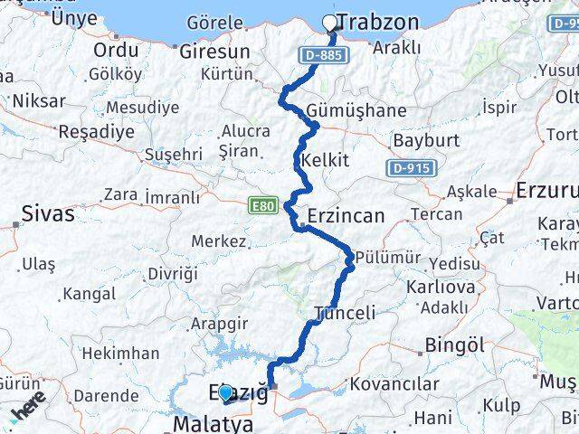 Elazığ Baskil Trabzon Arası Kaç Km - Yol Haritası