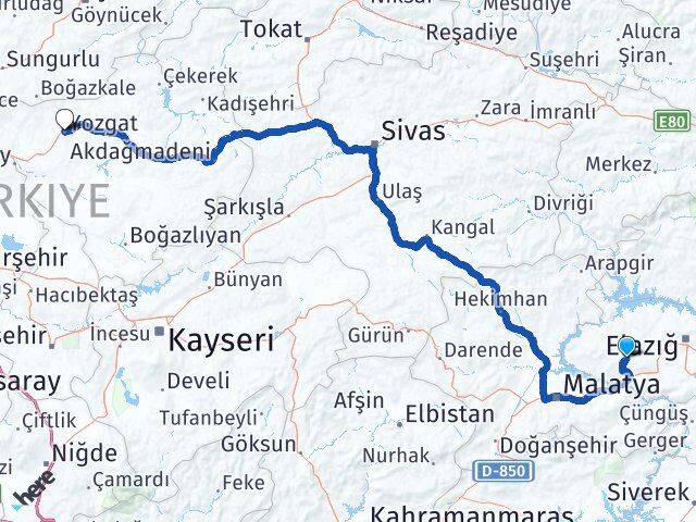 Elazığ Baskil Yozgat Arası Kaç Km - Yol Haritası