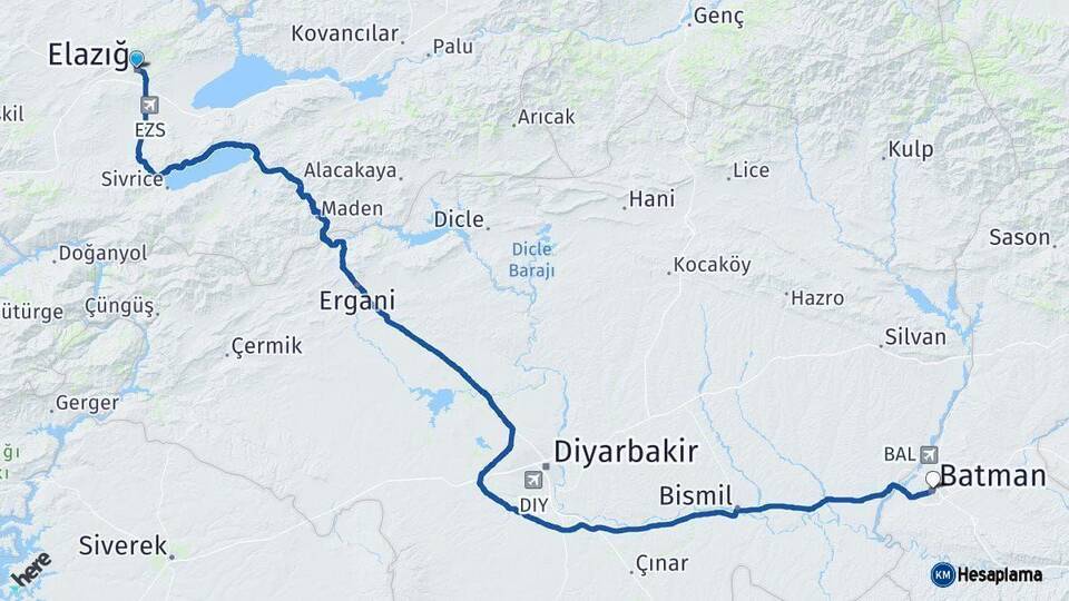 Elazığ Batman Arası Kaç Km - Yol Haritası