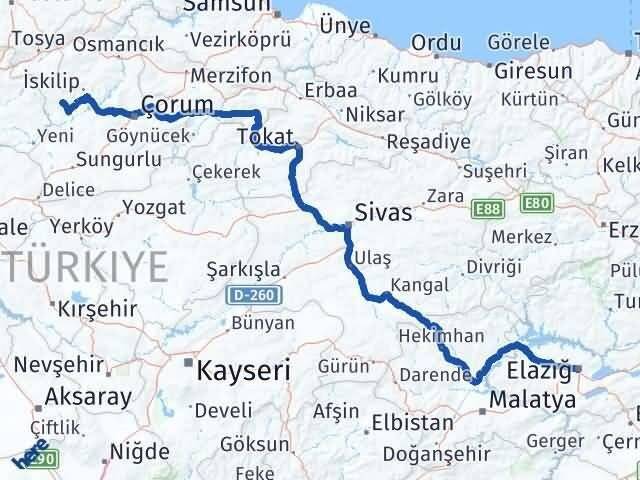 Elazığ Bayat Çorum Arası Kaç Km - Yol Haritası
