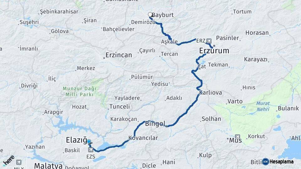 Elazığ Bayburt Arası Kaç Km - Yol Haritası
