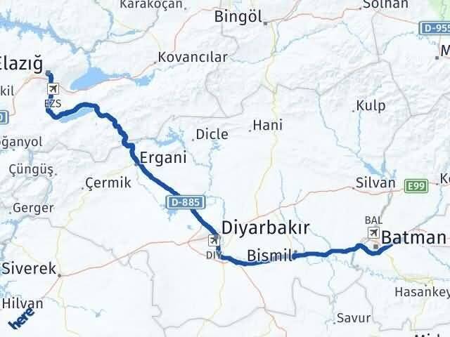 Elazığ Beşiri Batman Arası Kaç Km - Yol Haritası