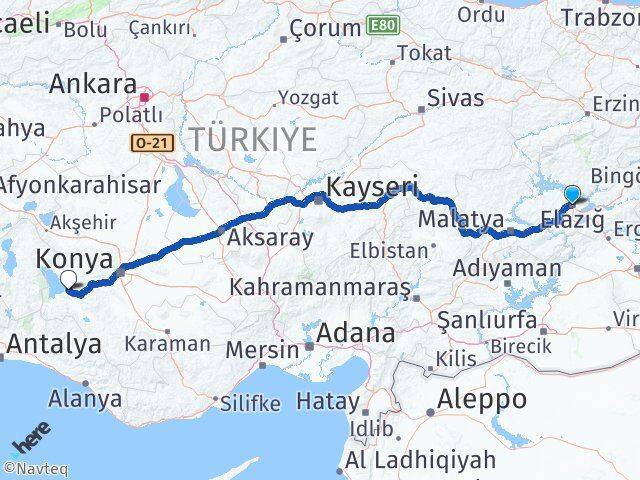 Elazığ Beyşehir Konya Arası Kaç Km - Yol Haritası