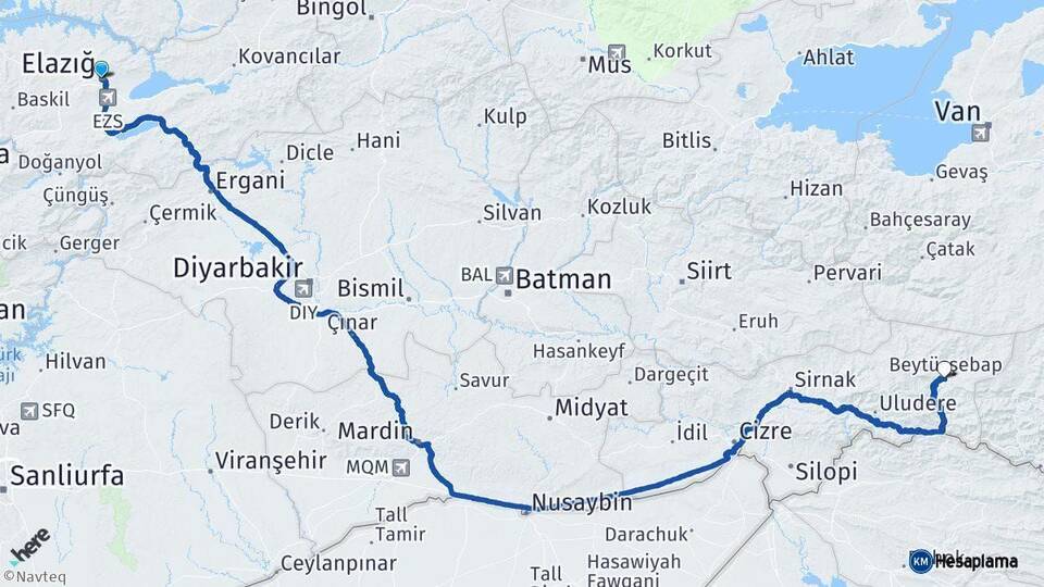 Elazığ Beytüşşebap Şırnak Arası Kaç Km - Yol Haritası