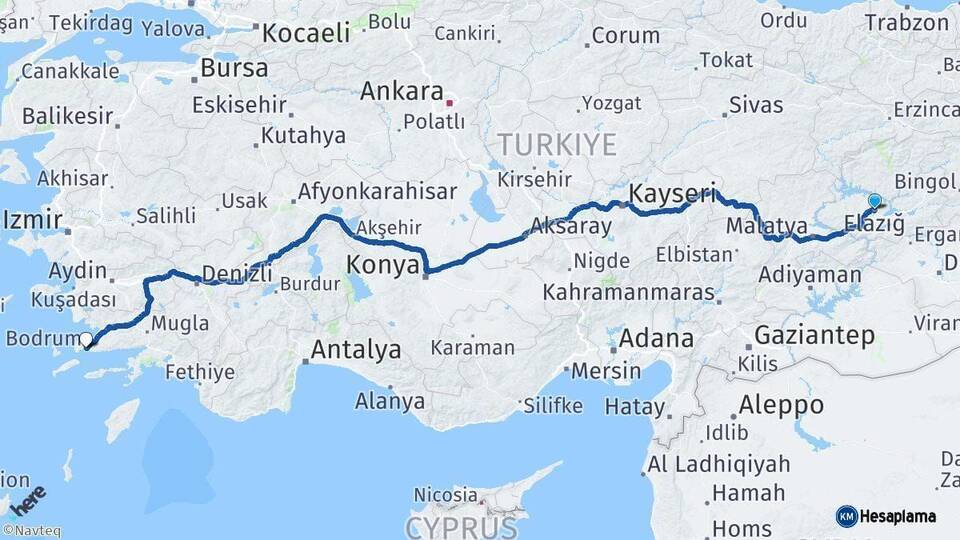 Elazığ Bodrum Muğla Arası Kaç Km - Yol Haritası