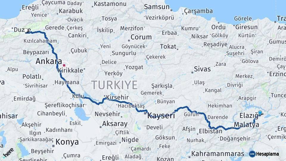 Elazığ Bolu Arası Kaç Km - Yol Haritası