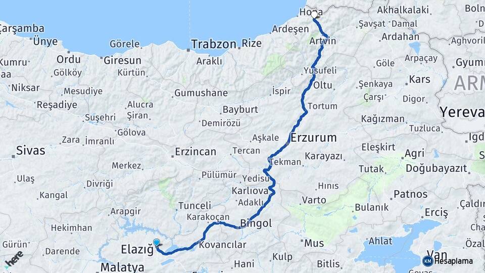 Elazığ Borçka Artvin Arası Kaç Km - Yol Haritası