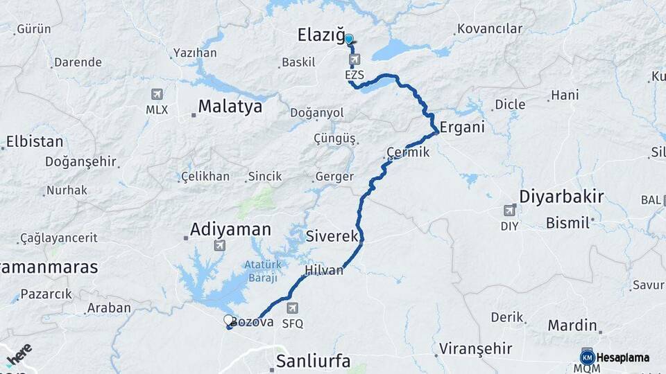 Elazığ Bozova Şanlıurfa Arası Kaç Km - Yol Haritası