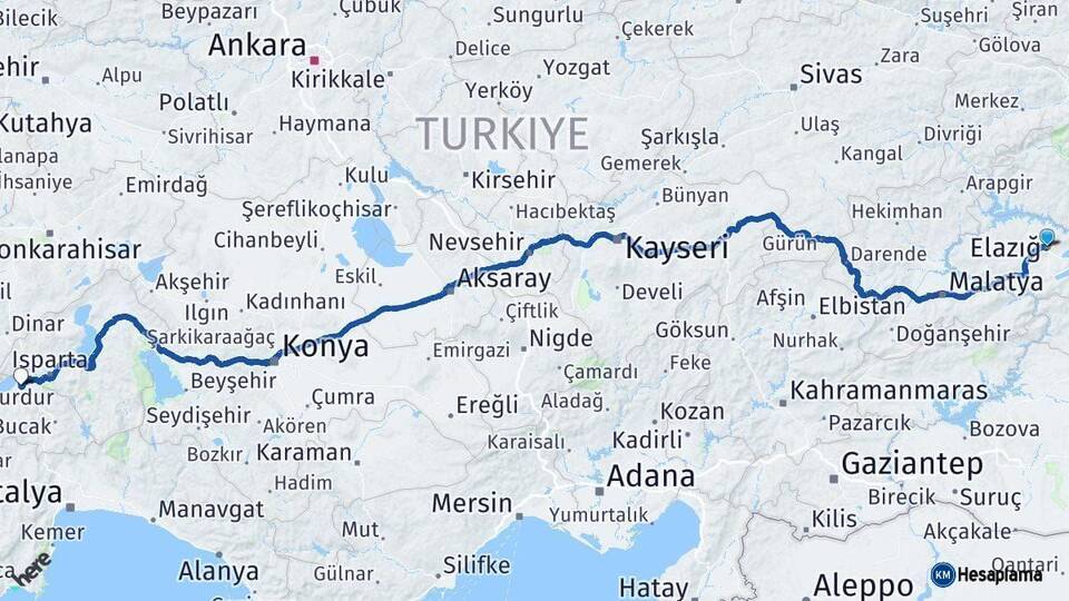 Elazığ Burdur Arası Kaç Km - Yol Haritası