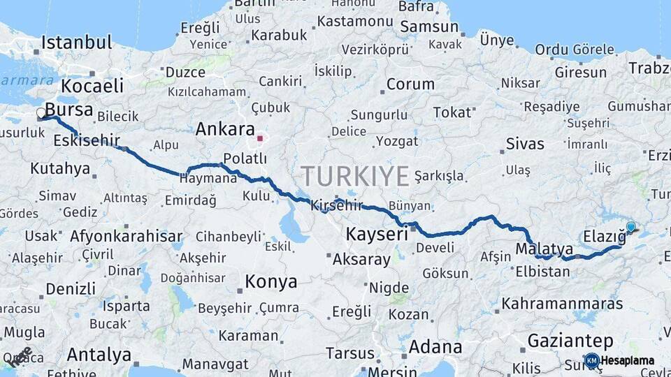 Elazığ Bursa Arası Kaç Km - Yol Haritası