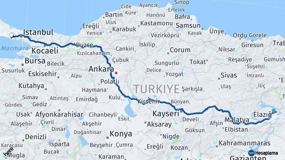 Elazığ Büyükçekmece İstanbul Arası Kaç Km - Yol Haritası