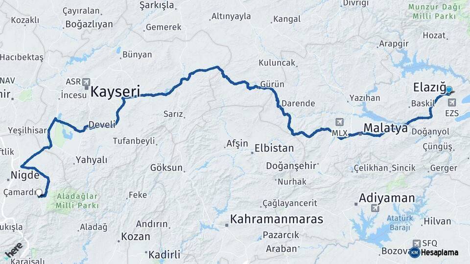 Elazığ Çamardı Niğde Arası Kaç Km - Yol Haritası