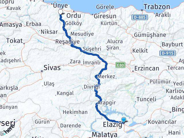 Elazığ Çamaş Ordu Arası Kaç Km - Yol Haritası
