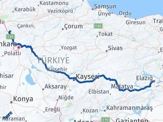 Elazığ Çamlıdere Ankara Arası Kaç Km - Yol Haritası