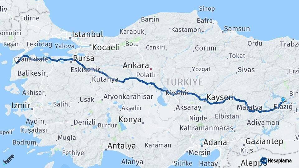 Elazığ Çanakkale Arası Kaç Km - Yol Haritası