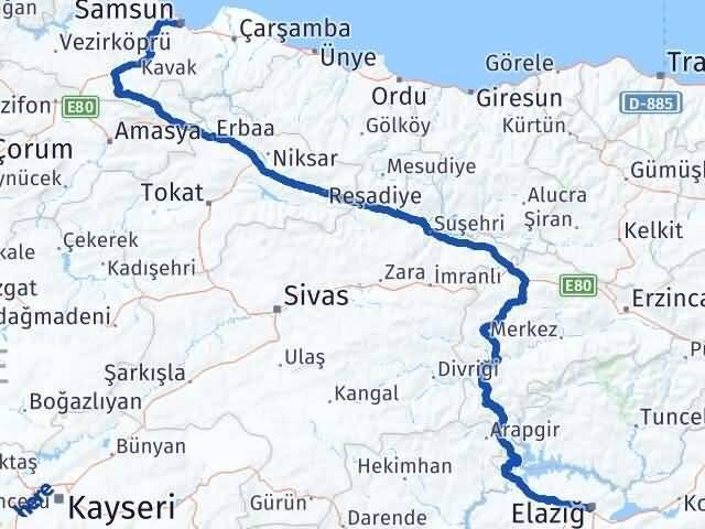 Elazığ Canik Samsun Arası Kaç Km - Yol Haritası
