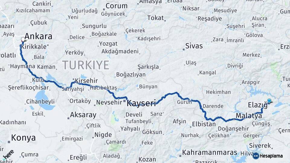 Elazığ Çankaya Ankara Arası Kaç Km - Yol Haritası